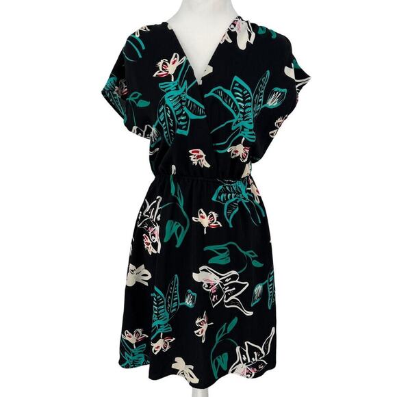 Halogen Wrap Dress Petite Sz S Black Green White Floral Print With Pockets - Picture 1 of 11
